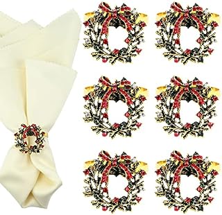 6Pcs Christmas Napkin Rings Set, Christmas Wreath Napkin Holders for Winter Holiday Dinner Table Decorations, Christmas Party Supplies