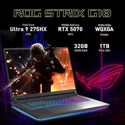 Image of ASUS ROG Strix G18 18 inch WQXGA 240Hz Gaming Laptop, GeForce RTX 5070 8GB, Intel Ultra 9 275HX, 32GB DDR5, 2TB Storage (1TB SSD + 1TB Docking Station Set), Backlit Keyboard, IR Camera, Win11 Pro, Gray