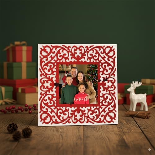 Image of Square Photo Frame 23 x 23 cm Wooden Decorative Picture Frame with Floral Laser Cut Border, Clear Acrylic Front, Wall & Tabletop Photo Frame for Home Decor, Birthday, Anniversary & Baby Photo Gift