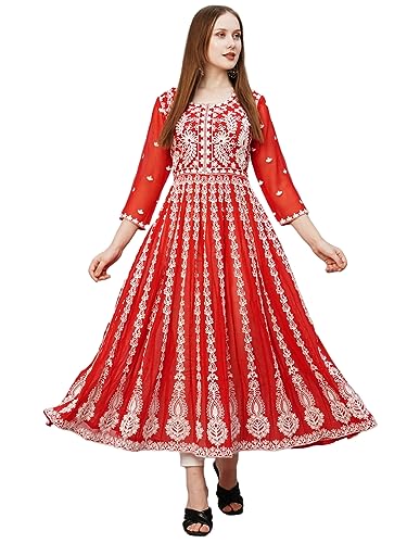 Image of ANNI Designer Women's Georgette Regular Fit Anarkali Chikankari Embroidered Calf Length Kurta Dress