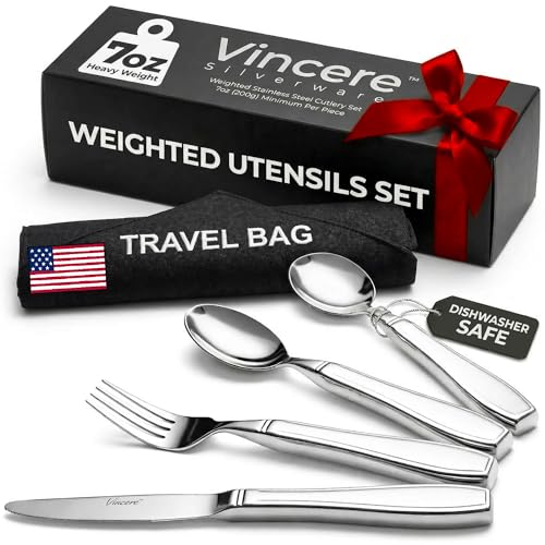 Weighted Utensils for Tremors and Parkinsons, Heavy Weight Stainless Steel Silverware Set, Adaptive Eating Flatware Helps Hand Tremors, Parkinsons Aids for Living, Arthritis - Knife, Fork, Spoons, 7oz