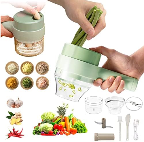 4 in1 Handheld Electric Vegetable Cutter Slicer Garlic Mud Masher USB Wireless Chopper Cutting Pressing Mixer Food Slice for  Garlic Pepper Chili Onion Celery Ginger Meat (White)