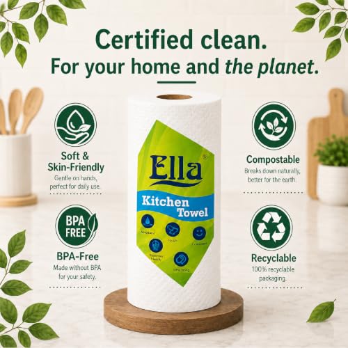 Image of Ella 2 Ply Kitchen Tissue /Towel Paper Roll Soft and Highly Absorbent - 6 Rolls (60 Pulls Per Roll 360 Sheets)