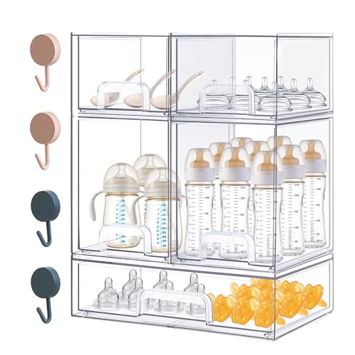 Image of zebrater Baby Bottle Organizer-5 Pack Stackable Storage Drawers, Baby Organizers and Storage with Hooks, Clear Acrylic Multipurpose Bottle Storage for Countertop,Kitchen,Cabinet,Vanity,Bathroom