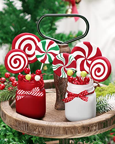 Christmas Candy Cane Mason Jar Arrangement Table Centerpiece With Faux Lollipops Red & Green Peppermint Candy Decor Tiered Tray Winter Home Ornaments Set Of 2 #TOP2