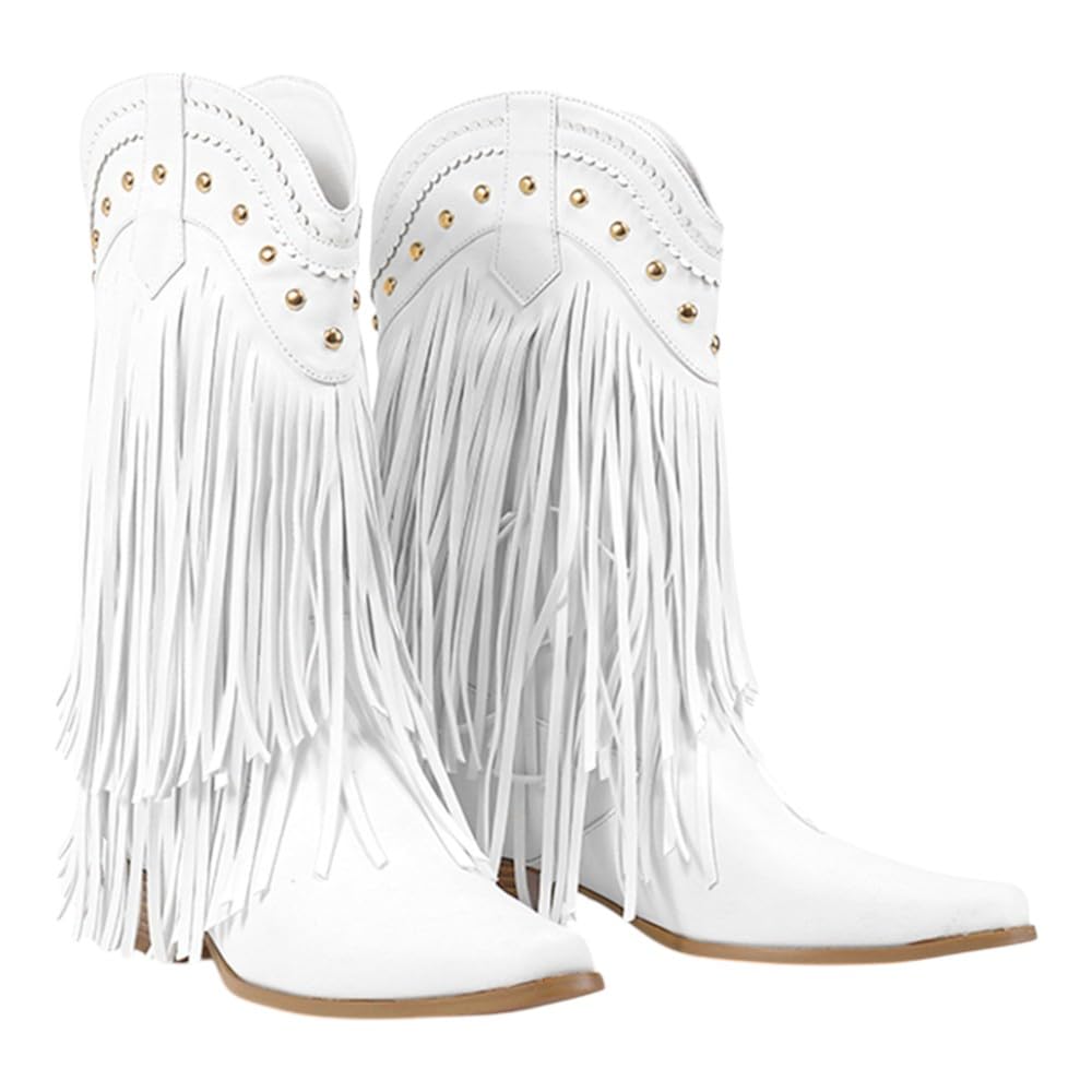 Women Fringe Cowboy Cowgirl Boots Pull On Western Mid Calf Booties