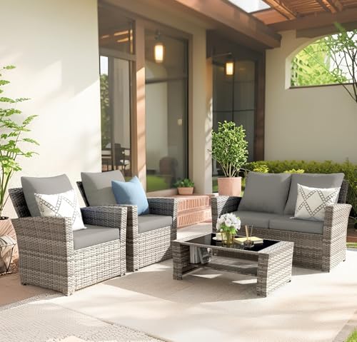 VONZOY 4-Piece Grey Waterproof PE Wicker Outdoor Sectional Sofa Set with Grey Cushions,All-Weather Patio Furniture for Balcony, Porch, Garden - UV-Resistant & Space-Saving Design - Image 2
