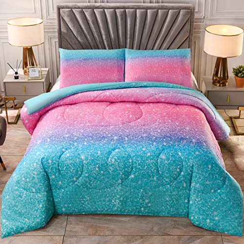 Jqinhome Twin Glitter Comforter Sets For Girls, 3D Colorful Duvet Pink Rainbow Themed Bedding, All-Season Reversible Quilted Duvet, For Girls Teen Women - Includes 1 Comforter, 1 Pillowcase #TOP1