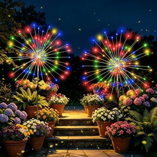 SEEWELUMI Solar Garden Lights Outdoor Decorative 2pack 120 LED Firework Lights WaterproofSolar Fairy Lights for Outside Garden Yard Patio Pathway Flowerbed Party(Multicolor)