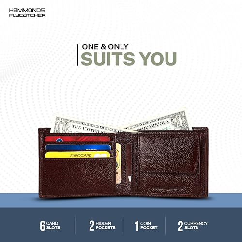 HAMMONDS FLYCATCHER Genuine Leather Wallet for Men - RFID Protected Leather Purse for Men, Money Purse for Men, Bi-Fold Wallet - 6 Card Slots, 1 Card Case, Coin Pocket, Hidden Pockets - Brown (Image - 4)
