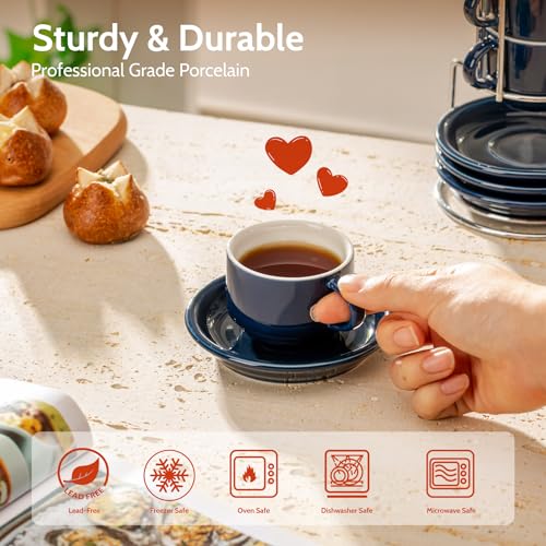 Image of Sweese 4 Ounce Porcelain Stackable Espresso Cups with Saucers and Metal Stand Set of 4, Navy