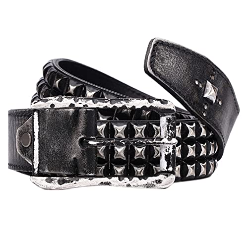 Studded Belts Cowhide Leather Gothic Punk Rock with 3/4 Row Bright Pyramid Rivet in Arrangement Strap for Women Men (110cm/waist:36"~38", Studded~A)4