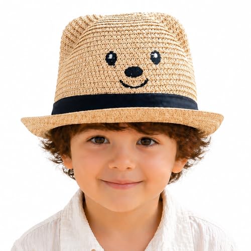 Image of VRITRAZ Kids Straw Hat for Baby Boys & Girls | Printed Summer Sun Hat, Woven Wide Brim Beach Cap, Lightweight Breathable Holiday Travel Picnic Outdoor Fancy Dress Fashion Hat for Children & Toddler