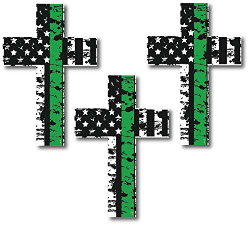 Decals by Haley Thin Green Line 3 Pack Cross I Support The Military Decal Sticker American Flag Car Truck (3 Pack)