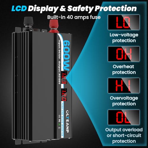 OLTEANP 600W Power Inverter Pure Sine Wave Inverter 12V DC to 120V AC Converter for Car, Truck, Home, Vehicles, Laptop, Car Inverter 12V to 110V with 2 AC Outlets, 2 USB Ports, LCD Display