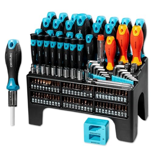 Cecotec Juego de Destornilladores 126 Piezas HardGyro 1260 Magnetic. Acero CR-V, 3 Destornilladores VDE, 60 Puntas S2, Carraca, Magnetizador, Llaves de Vaso y Allen, Buscapolos, Soporte Incluido