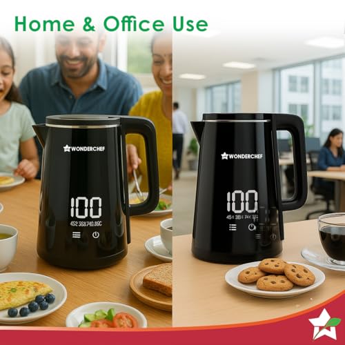 Image of Wonderchef Onyx Cool-touch Digital Kettle, 1.8 L, Stainless-steel Interior, 1350W, Choose from 4 Temperature Modes, Rapid Boiling in 5 Mins for Tea, Coffee, Instant Food, Auto Shut-off, 2-Yr Warranty