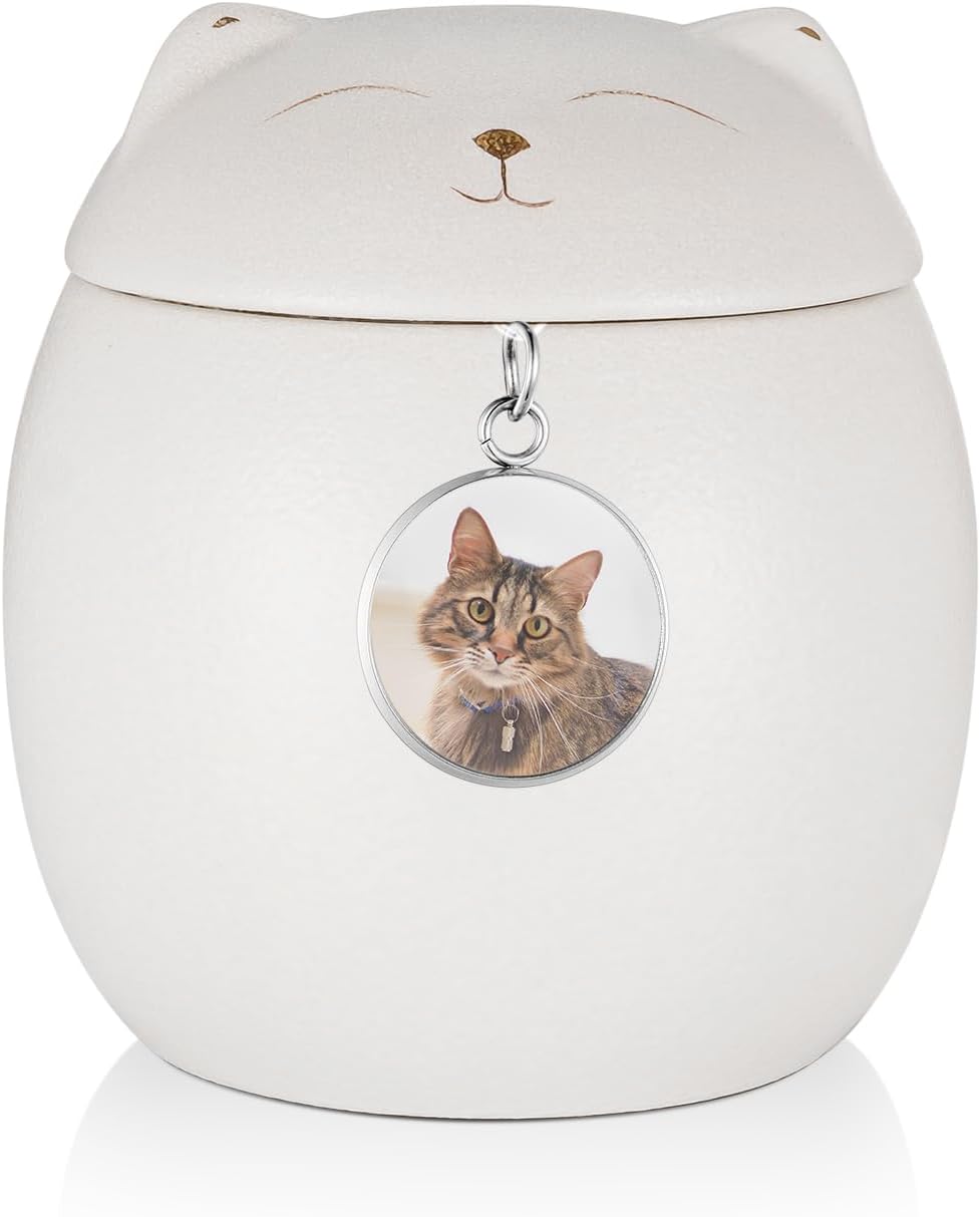 SOITIS Photo Customized Smiley Cat Shaped Pet Keepsake for Ashes - 3.2x2.9 inch Memorial Urn for Cats Dogs, Pet Cremation Small Urn with Ceramic Head Lid, Mini Funeral White Keepsake for Ashes
