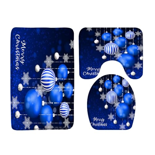 FGYGYK Merry Christmas 3 Pcs Bath Rugs Set,Blue Xmas Balls Snowflake Dreamy Winter Holiday Happy New Year Fantasy Bathroom Kitchen Rug with 17.8