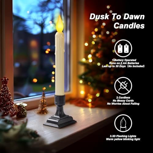 Image of 6 Pcs Sensor Dawn to Dusk Window Candles, Flickering Battery Candles for Windows, Ultra Bright Fake Candle Lights with Black Holders, Led Candlesticks for Xmas Home Decor, Warm Yellow Light