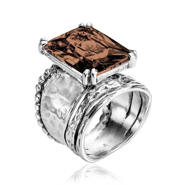 JEAN RACHEL JEWELRY 925 Sterling Silver Ring - Hammered Vintage Design with Octagon Shaped Cubic Zirconia - Hypoallergenic, Lead & Nickel Free - Artisan Handcrafted Statement Rings for Women, Smokey