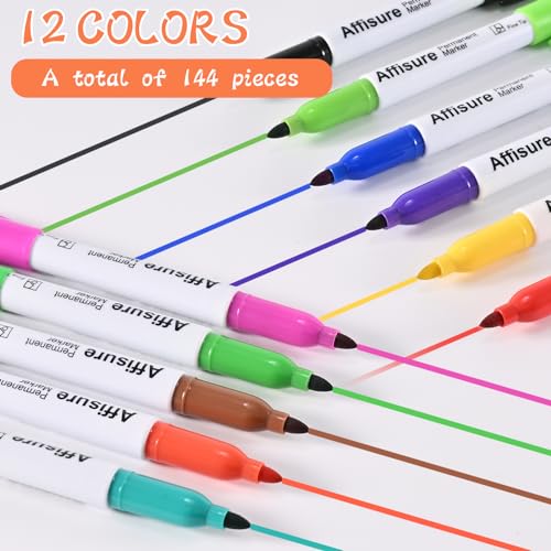 Image of 12 Colors Permanent Markers, 144 Pack colored marker sets, Assorted Colors Marker,Fine Point, Permanent Markers Bulk, Fast Dry, Waterproof, work on Plastic, Glass, Metal, Wood and Stone