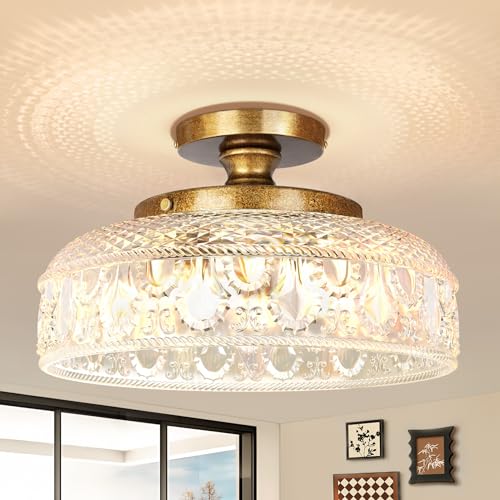Lamomo Semi Flush Mount Ceiling Light 3 Light Hallway Light Fixture 12 Inch Antique Brass Gold Globe Glass Close to Ceiling Scone Indoor Hanging Lantern for Bedroom Kitchen Porch Hallway