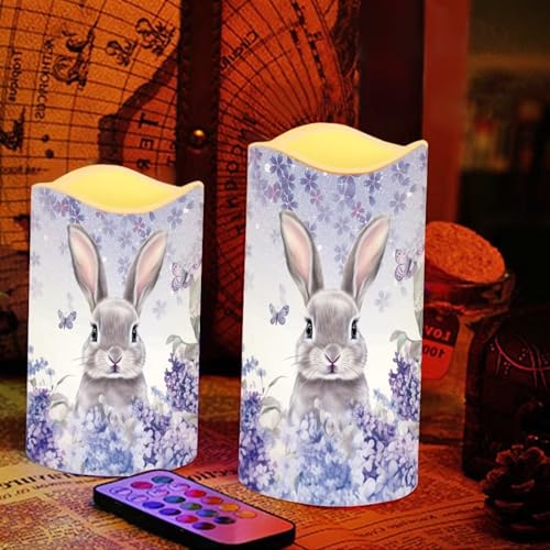 Image of Easter Bunny Purple Floral Plastic Flameless Candles with Remote Control and Timer LED Flickering Battery Electric Pillar Candles for Table Easter Decoration