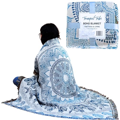 Boho Blanket for Meditation Yoga & Living - Reversible Blue Grey Mandala Tapestry, Yoga Gifts, Woven Indoor Outdoor Rug, Great Beach Travel Picnic Blanket, Sofa Couch Bohemian Bed Throw