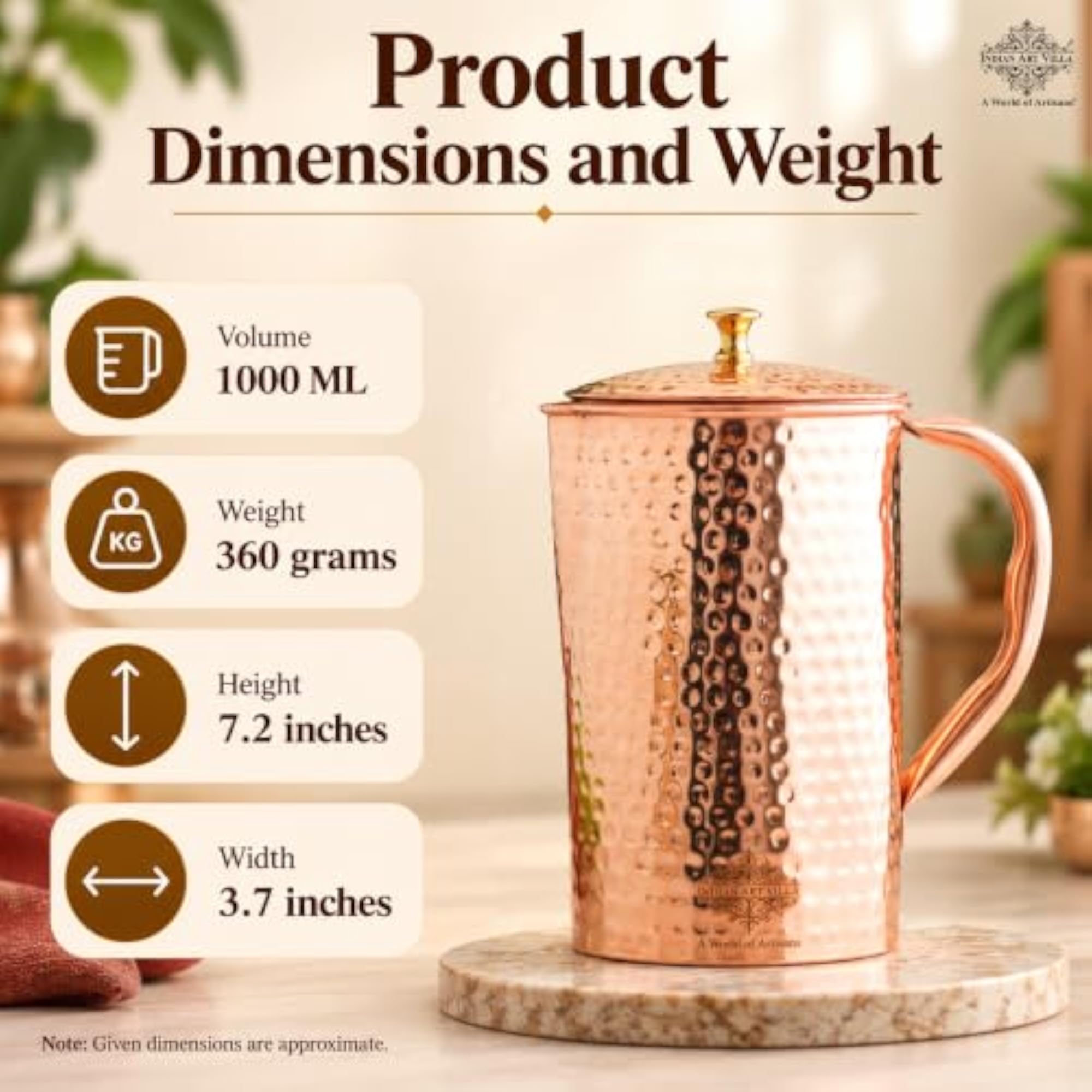 IndianArtVilla Pure Copper Jug Pitcher, Hammered Design, 1 LTR