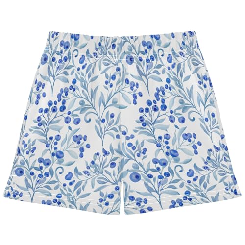 Girls Athletic Lounge Shorts Blue Floral Berries Print Comfy Patterned Summer Casual Teen Pajama, X-Small