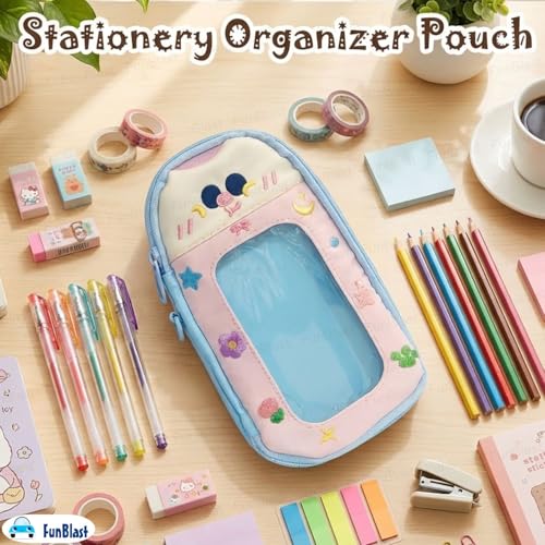 Image of FunBlast Pencil Pouch for Kids, Girls - Large Capacity Multipurpose Stationery Zipper Pouch with Hanging Strap for Kids & Adults, Kawaii Aesthetic Pencil Case Organizer for Girls (Blue-)