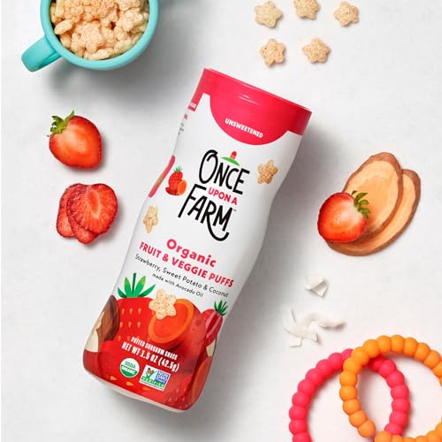 once upon a farm strawberry coconut amp sweet potato puffed sorghum snack fruit amp veggie puffs non gmo 15 ounces pack of 6