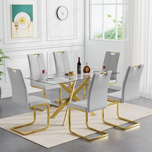 Nimaolt 7 Piece Glass Dining Table Set, Gold Glass Kitchen