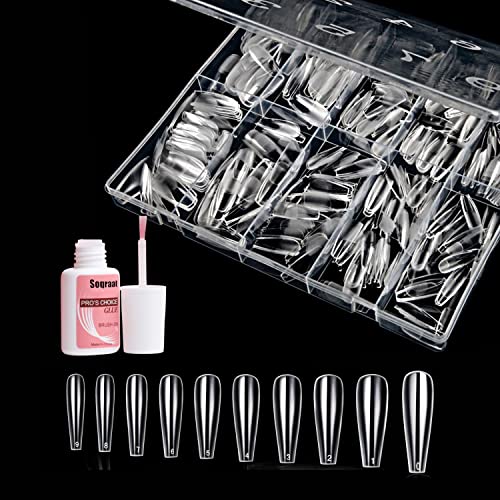 Soqraat Faux Ongles Clear, 500 Pcs en 10 tailles différentes (0-9 cm) - Premium Ballerina Acrylic American Capsules Ongles avec colle, boîte transparente – Convient à tous les types d'ongles