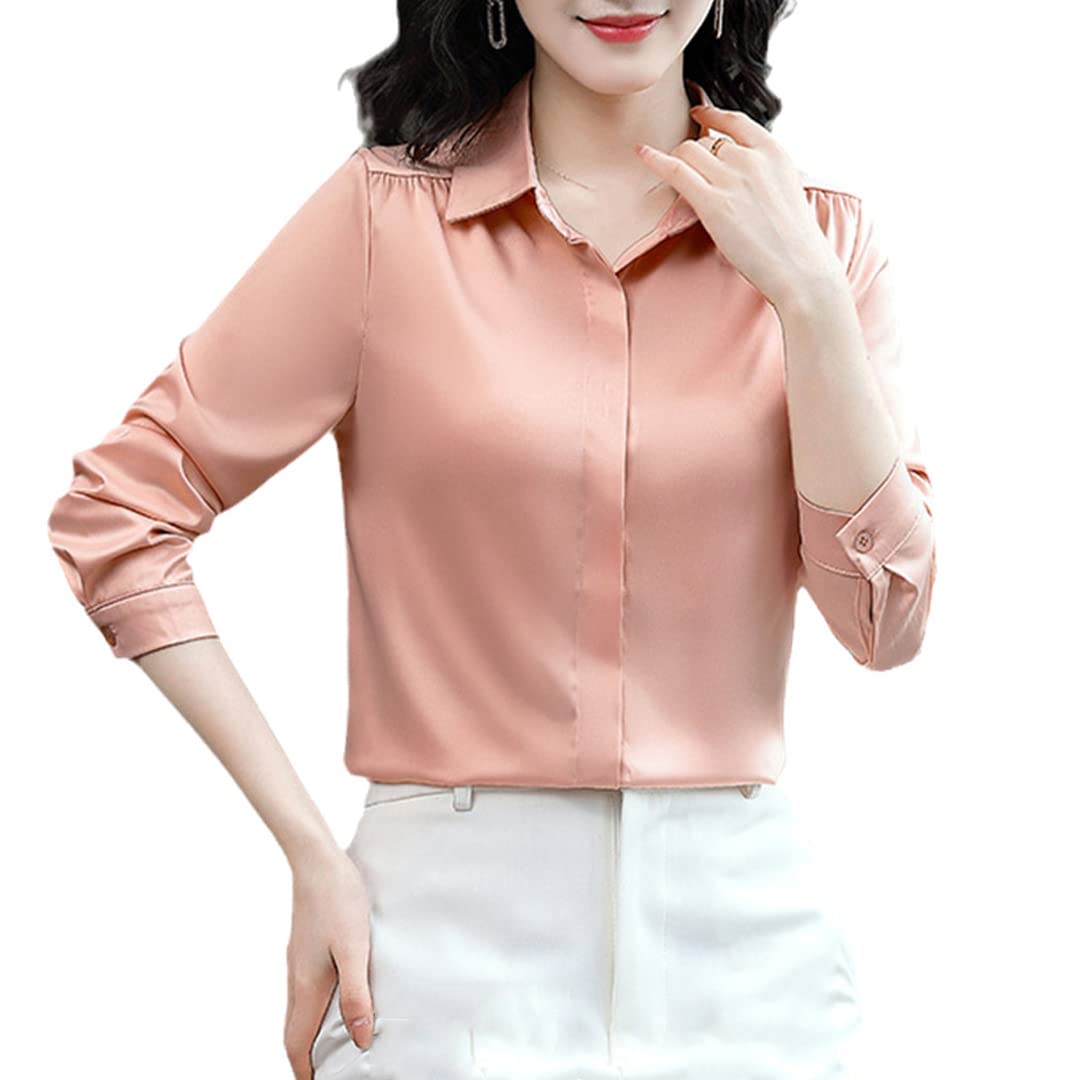 Manches Longues col en V boutonné Femmes Chemise décontracté Ample Couleur Unie Satin Blouses Soie Chemise Blanche Orange M