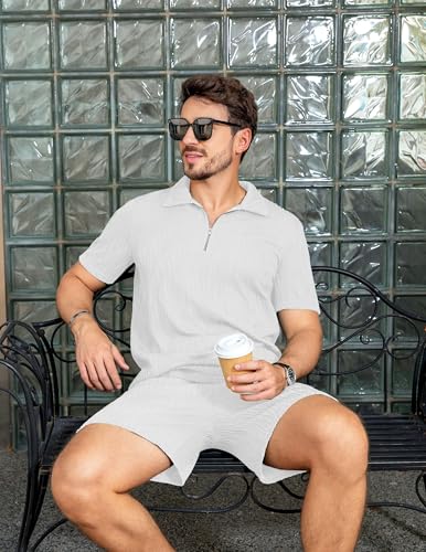 Image of ZAFUL Men's 2 Pieces Sets Outfits Summer Beach Set Short Sleeve Button Down Zip Up Shirt And Short Sets