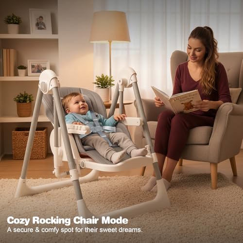 High Chairs for Babies and Toddlers Convert to Baby Swings Foldable High Chair Adjustable Convertible with Reclining Seat & Leg Rest, 3-in-1 with Tool-Free Assembly (Grey)