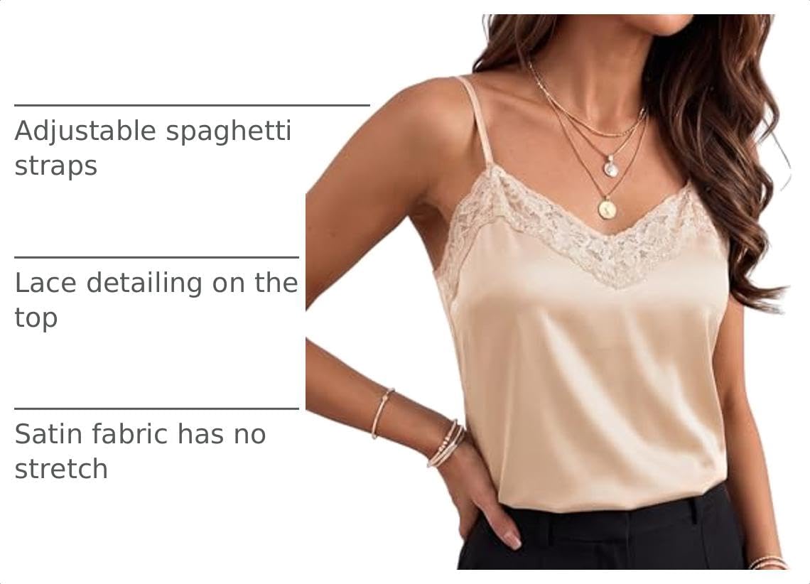 Rapbin Satin Camisole Tops for Women Lace Silk V Neck Sleeveless Tank Tops