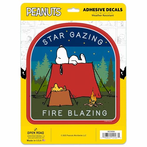 Image of Peanuts Snoopy Star Gazing Fire Blazing Adhesive Vinyl Decal - Fun Snoopy Camping Sticker for Car or Truck