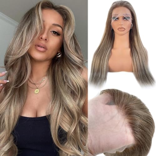 Image of Highlight Ombre Lace Front Wig Human Hair Chocolate Brown with Ash Blonde Highlights 13x4 HD Lace Frontal Pre Plucked with Baby Hair Glueless Wigs with Brown Roots for White Women 180% Density 20 Inch