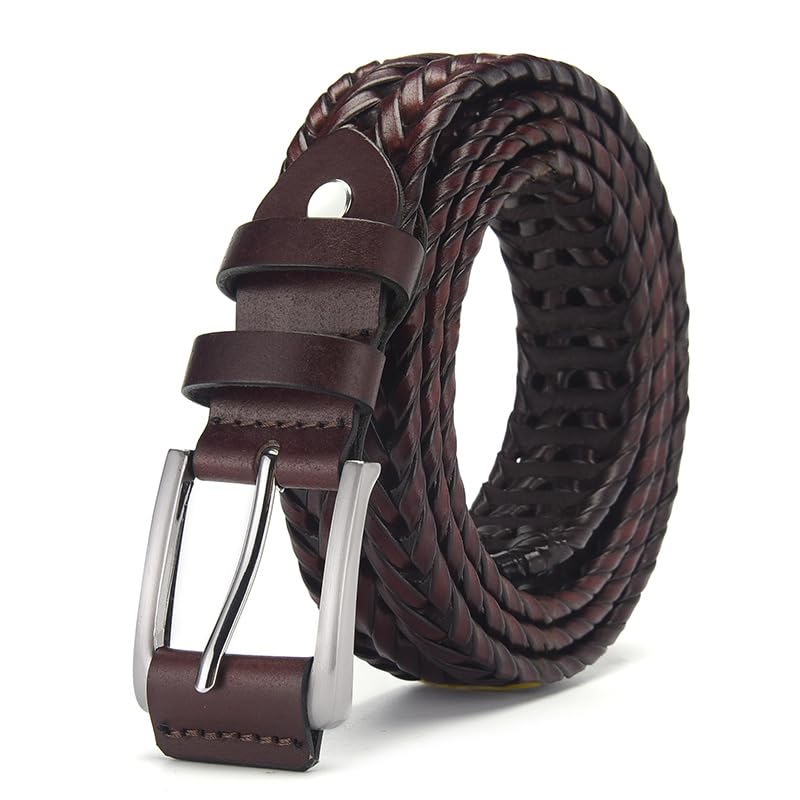 Men's Braided Leather Belt, Dark Brown, Classic Woven Design with Silver Buckle