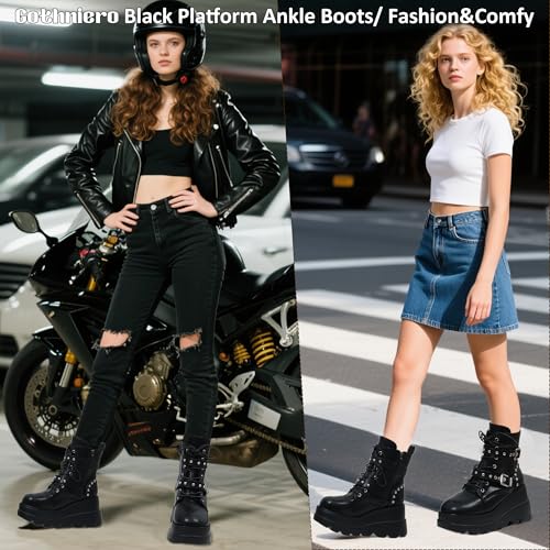 Image of Gothniero Platform Goth Ankle Boots for Womem Black Holographic Combat Chunky Heel Boots with Side Zip Lace Up Wedge Booties US5.5-11