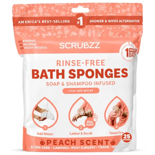 Image of Scrubzz Disposable No Rinse Bathing Wipes - 25 Pack - All-in-1 Single Use Shower Wipes, Simply Dampen, Lather, and Dry Without Shampoo or Rinsing (Peach, 1-Pack)