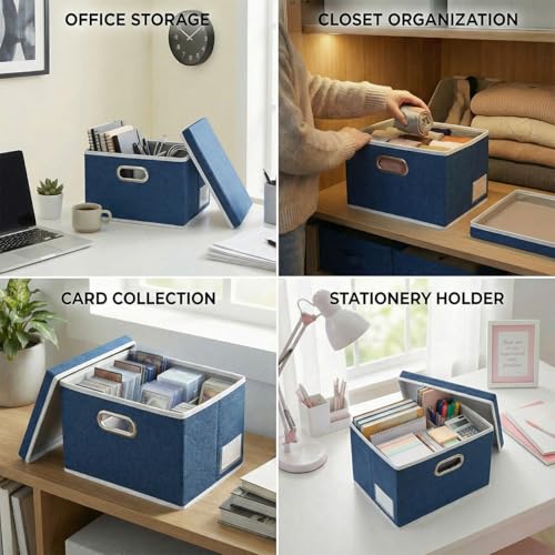 Image of PRANDOM Storage Bins with Lids [3-Pack] Linen Fabric Foldable Storage Boxes Organizer Containers Baskets Cube with Cover for Bedroom Closet Office Royal Blue（11.4X8.6X6.7