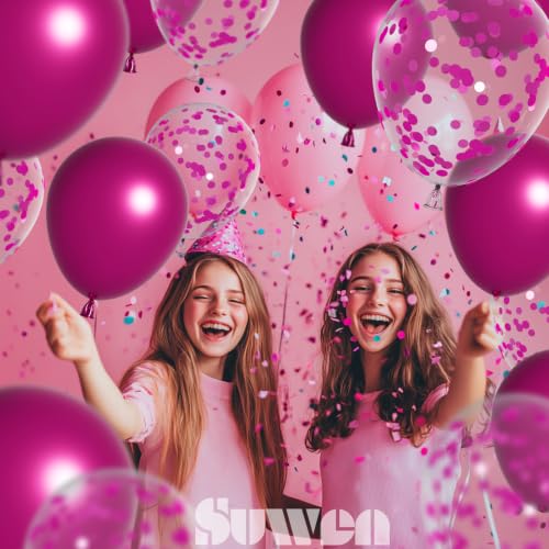Image of SUWEN Metallic Hot Pink and Confetti Balloons Set 47PCS Magenta Latex
