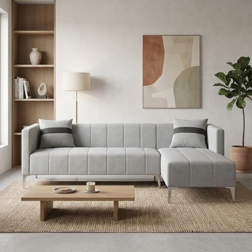 Image of Solomon Luxe Velvet-Suede Fabric 5 Seater RHS L Shape Sofa | Comfortable & Spacious Seating | Modern Sofa for Living Room - Light Gray