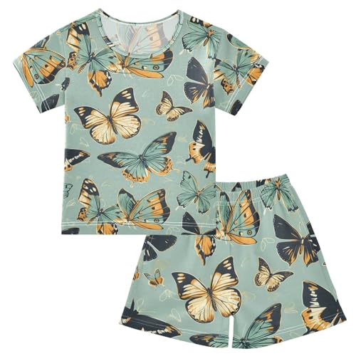 ALAZA Butterfly Green Cartoon Pajamas Short Sleeve 2 Piece Sleepwear Top and Bottom Pajama Set Unisex