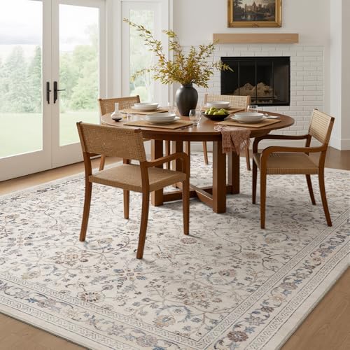 Image of MontVoo-Vintage Area Rug 8X10 Beige for Living Room - Soft Distressed Printed Carpet for Bedroom - Non Slip, Machine Washable for Dining Room, Bedside, Office