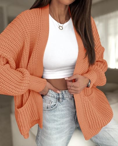 Saodimallsu Womens Oversized Open Front Cardigan Chunky Ribbed Knit Lantern Sleeve Fall Sweater Coats with Pockets Orange - image 4
